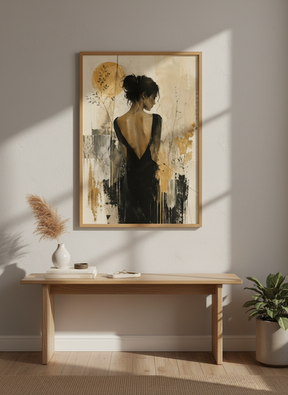 Woman in Black Dress Wall Art | Gold Abstract Portrait, Modern Aesthetic Poster