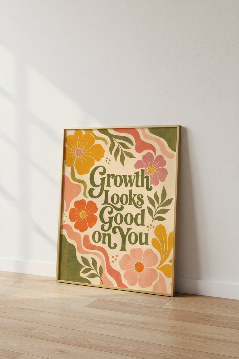 Retro Floral Poster | Vintage Boho Green Peach Living Room Decor
