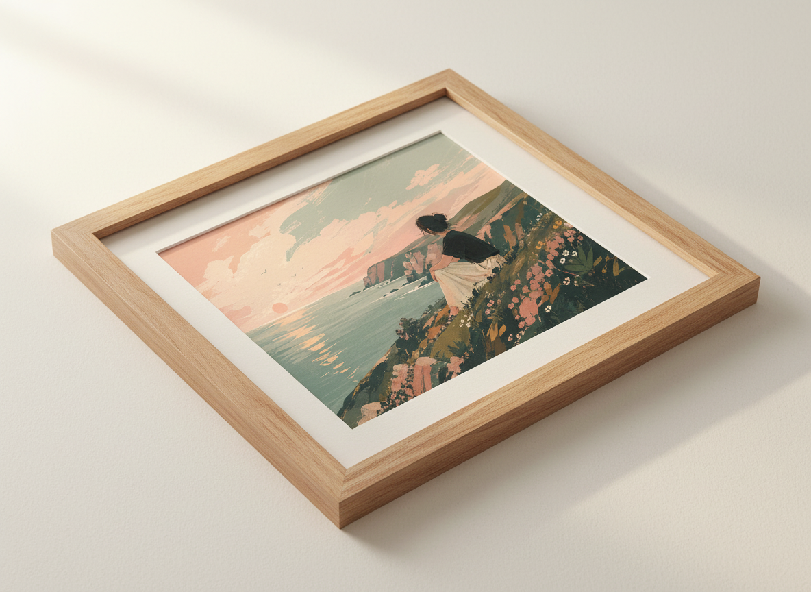 Coastal Landscape Wall Art Print | Boho Chic Room Decor | Serene Ocean Sunset Poster | Woman Overlooking Cliffs | Minimalist Aesthetic