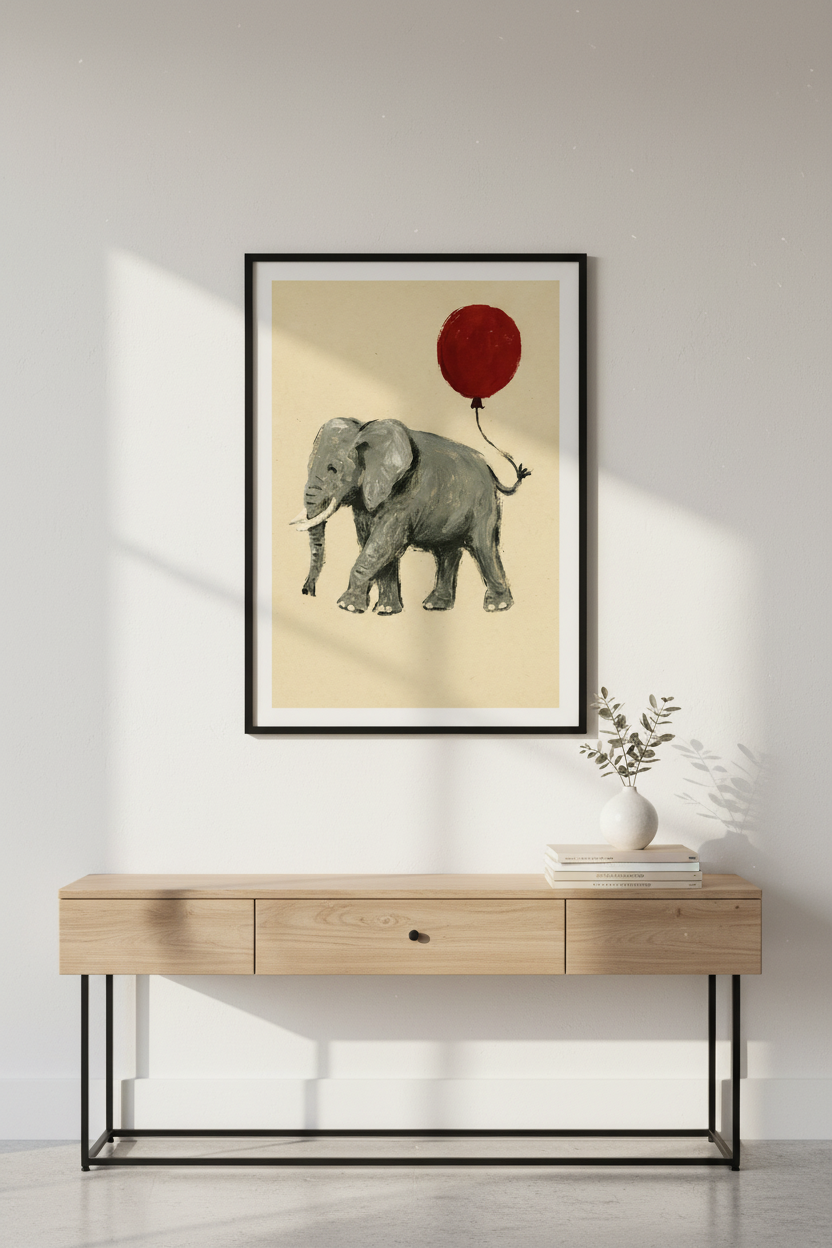 Abstract Elephant with Red Balloon Wall Art Print | Boho Nursery Decor | Whimsical Animal Poster | Playroom Art