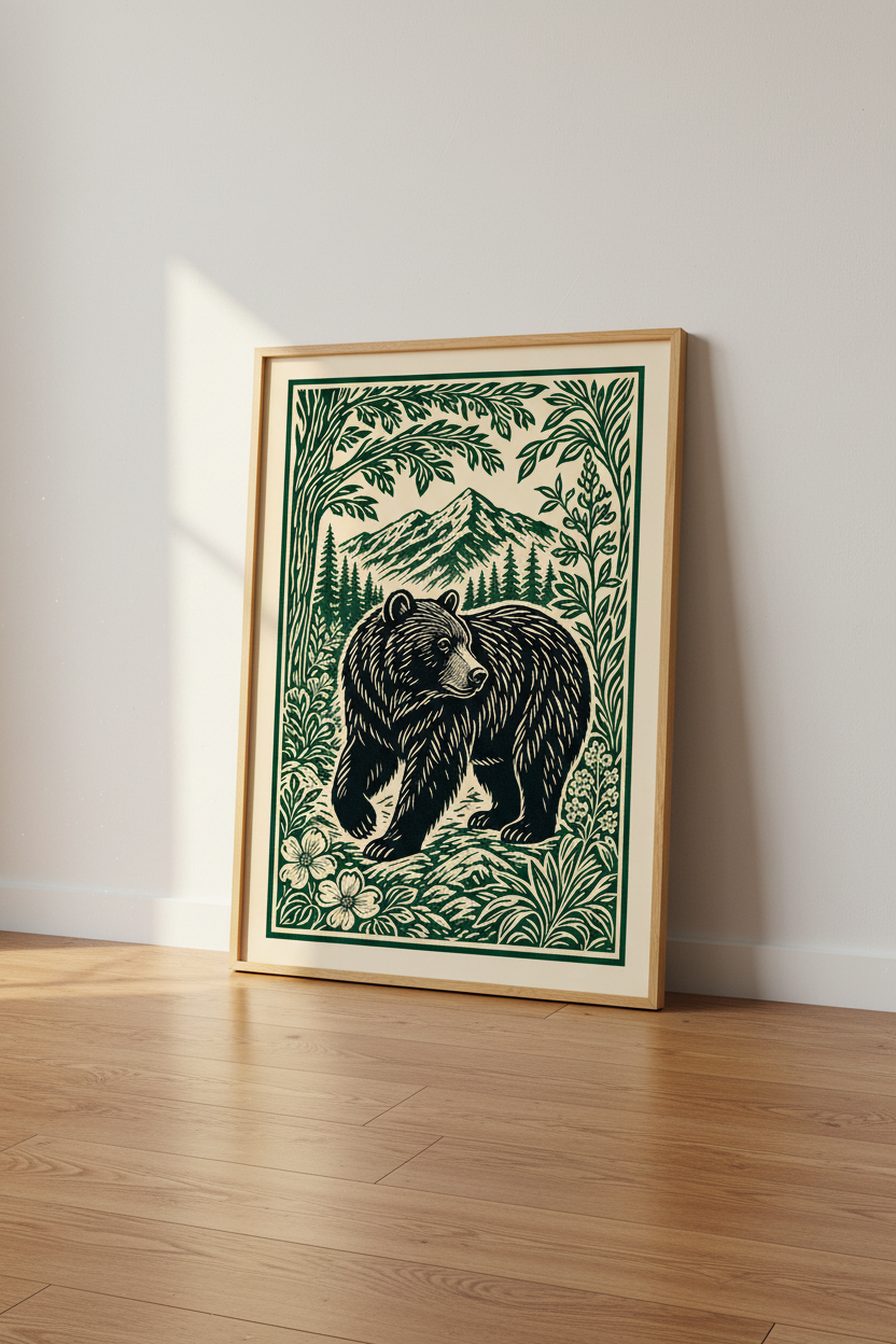 Grizzly Bear Linocut Print | Mountain Forest Wall Art, Cabin Decor Aesthetic