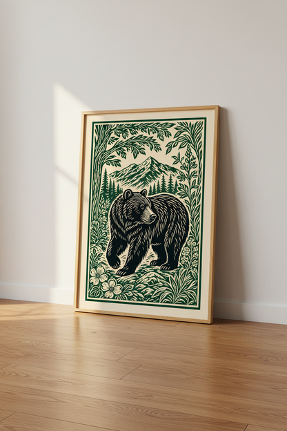 Grizzly Bear Linocut Print | Mountain Forest Wall Art, Cabin Decor Aesthetic