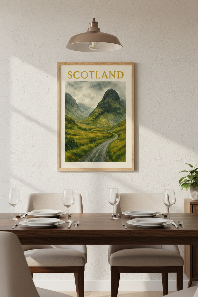 Glencoe Scotland Travel Poster - Watercolor Landscape Print, Misty Highland Wall Art, Scottish Mountain Valley Decor,A1 A2 A3 A4