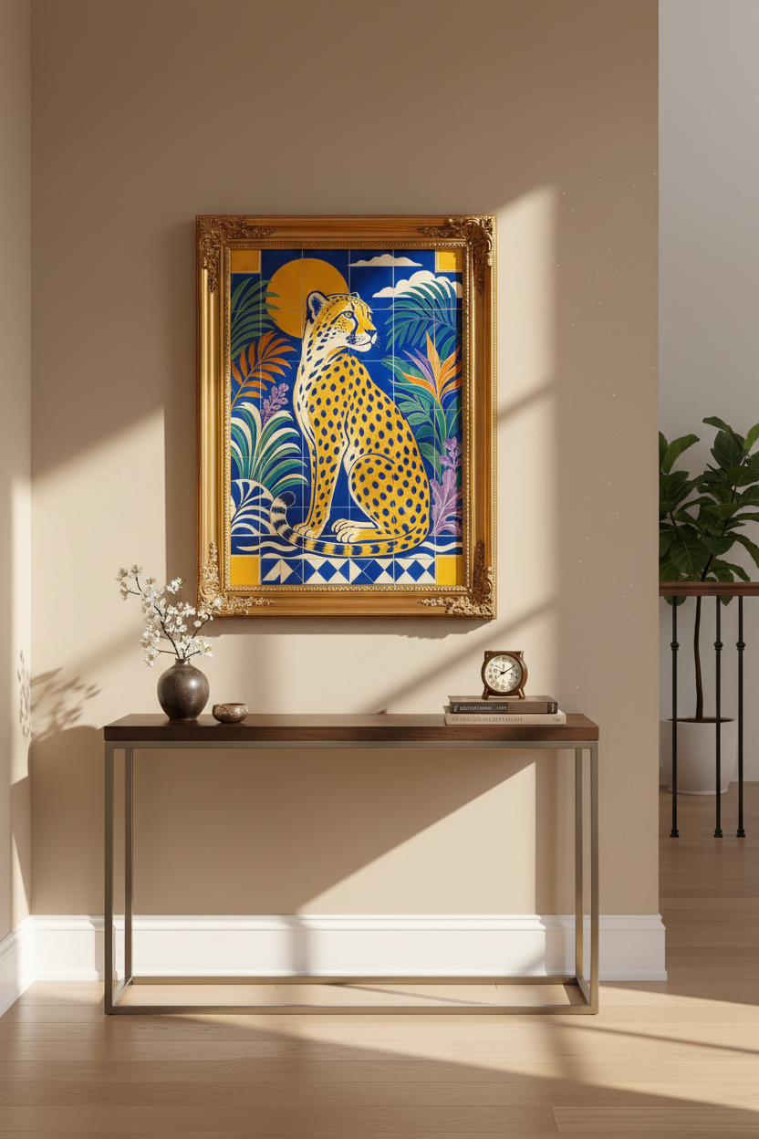 cheetah wall art | Tile-Style Tropical Blue &amp; Gold, Living Room