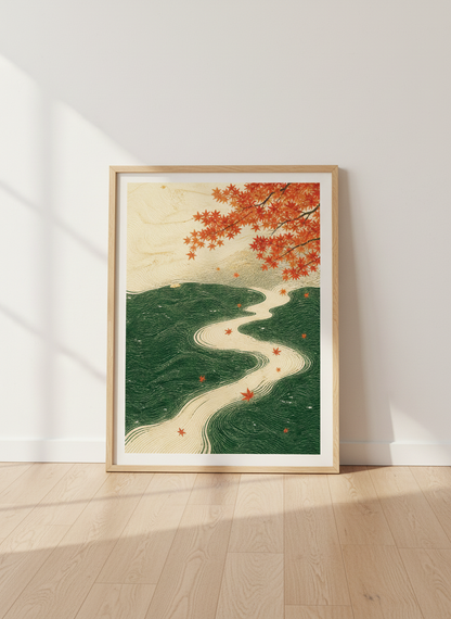 Japanese Maple Leaf Art | Green &amp; Orange Nature Print, Zen Living Room Decor