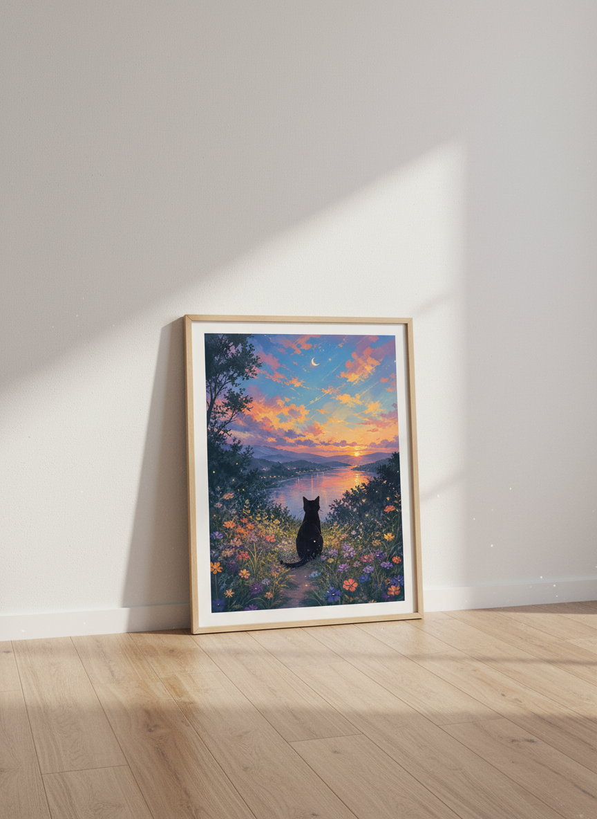 Black Cat Sunset Wall Art | Dreamy Floral Landscape Print | Whimsical Home Decor