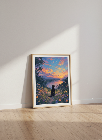 Black Cat Sunset Wall Art | Dreamy Floral Landscape Print | Whimsical Home Decor