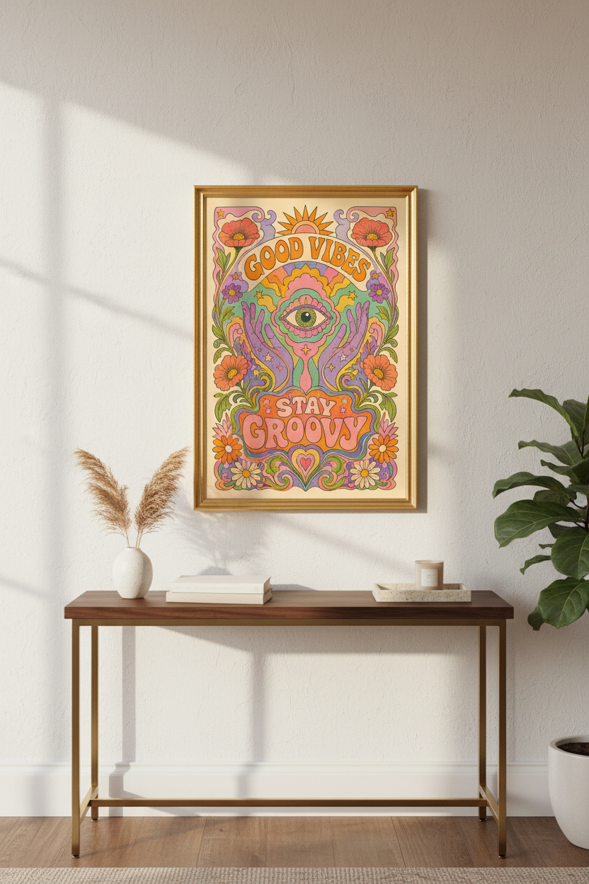 psychedelic poster | retro floral sunburst, living room decor