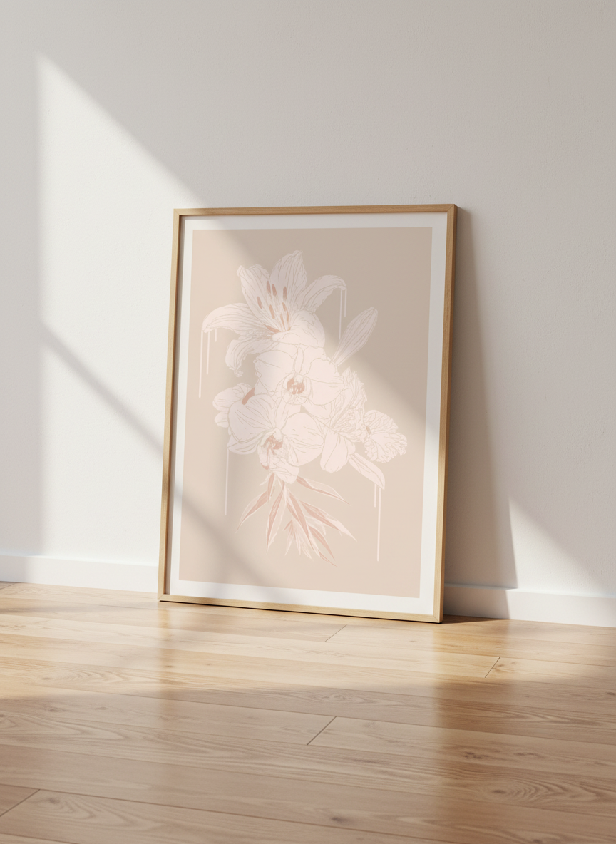 Minimalist Floral Wall Art Print | Boho Bedroom Decor | Soft Pink Orchid &amp; Lily Line Art Poster | Aesthetic Botanical Artwork