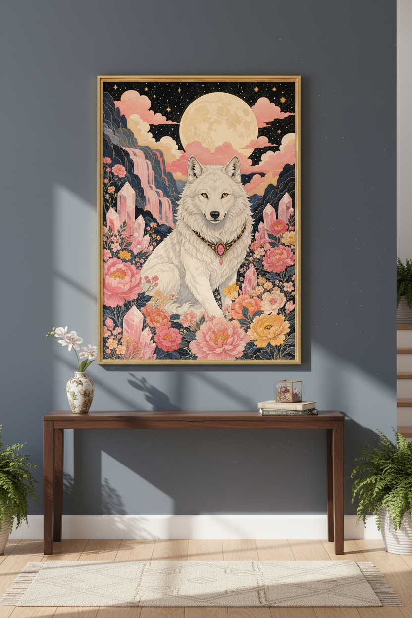 mystical wolf print | moonlit pink boho, bedroom decor