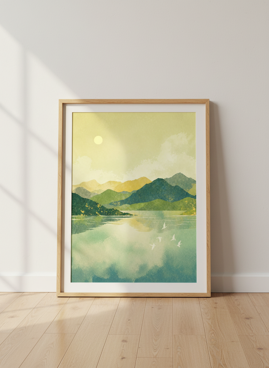 Zen Mountain Lake Scene Wall Art | Nature Landscape Home Decor | Blue Green Gold Print