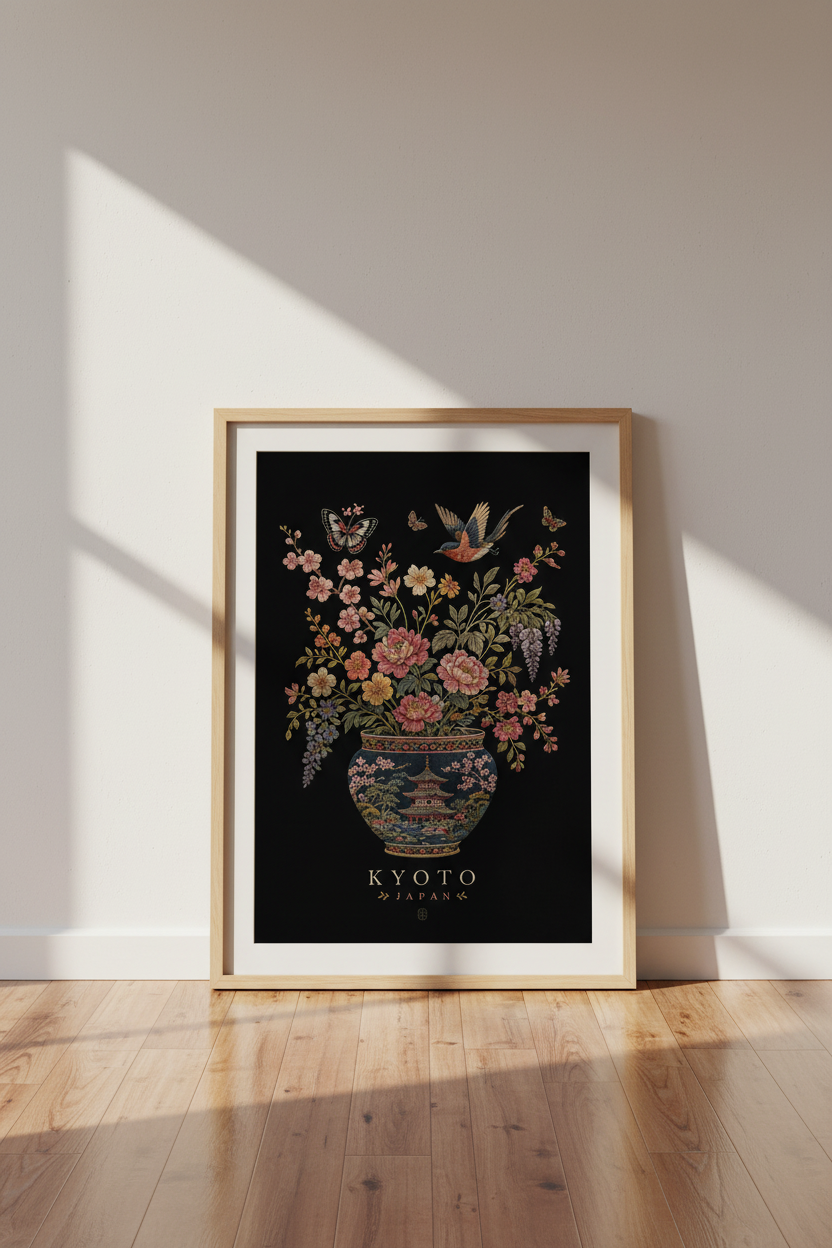 Kyoto Japan Floral Wall Art | Vintage Embroidery Style, Moody Living Room Decor
