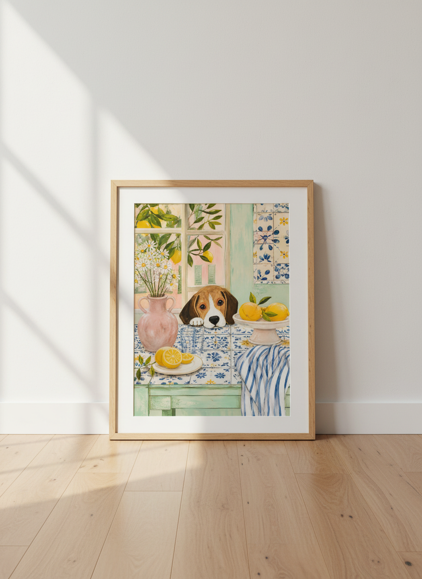Beagle Lemon Kitchen Wall Art Print | Mediterranean Decor | Aesthetic Puppy Poster