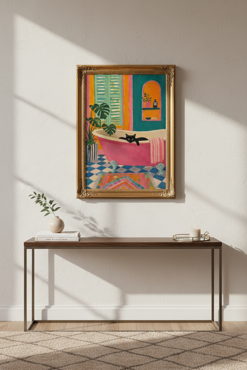 cat wall art print | colorful boho bathtub decor, bathroom poster