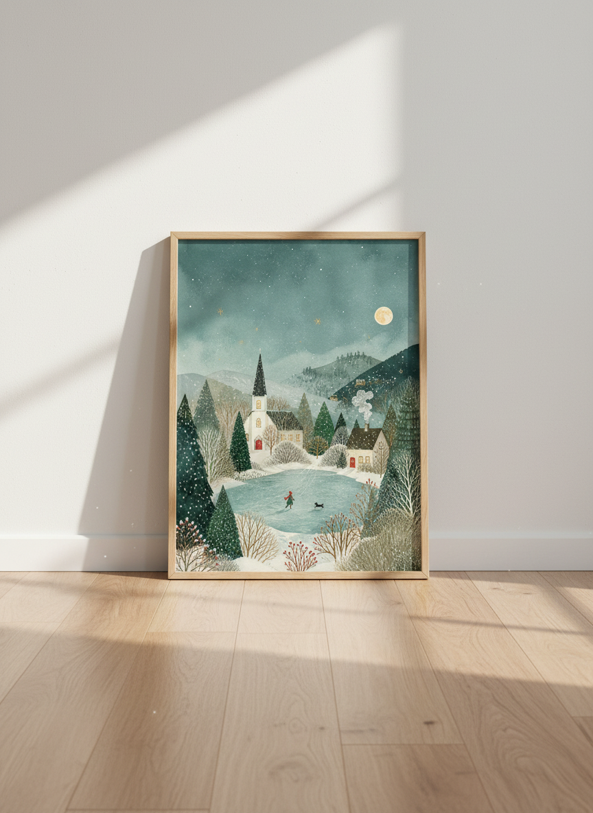 Winter Village Night Art Print | Snowy Landscape Decor | Whimsical Watercolor Poster