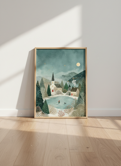 Winter Village Night Art Print | Snowy Landscape Decor | Whimsical Watercolor Poster