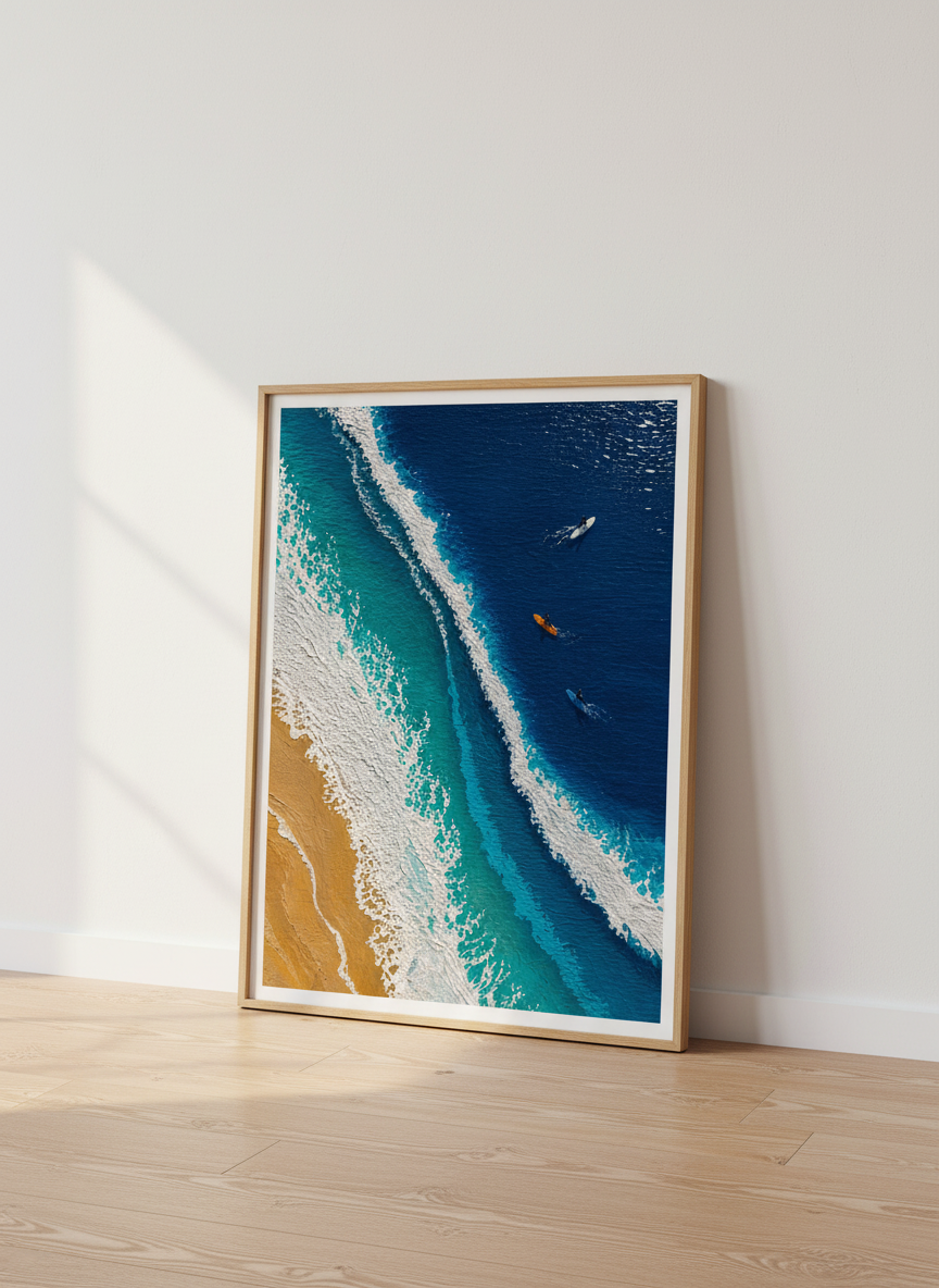 Aerial Surf Wall Art | Blue Ocean Coastal Decor | Modern Beach Poster