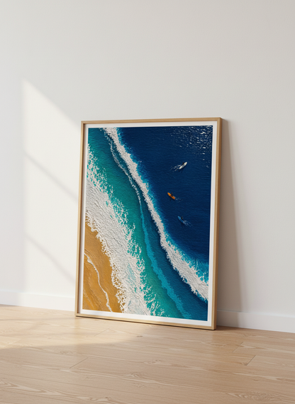 Aerial Surf Wall Art | Blue Ocean Coastal Decor | Modern Beach Poster