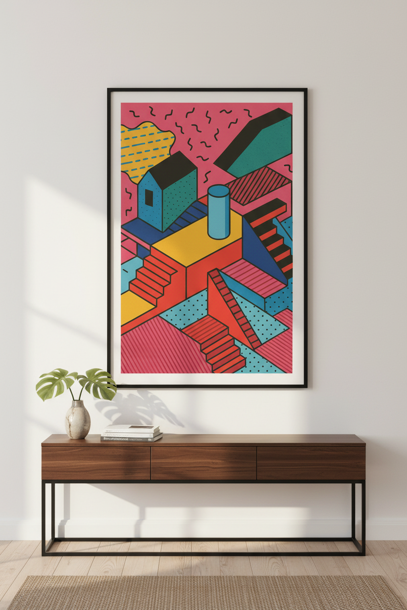 Abstract Geometric Wall Art Print | Memphis Style Home Decor | Colorful Isometric Poster | Retro Design Bedroom Living Room