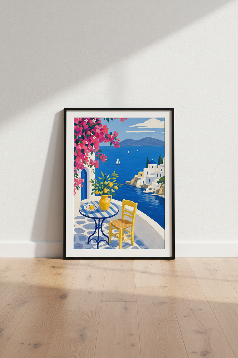 Santorini wall art | Mediterranean coastal blue &amp; yellow kitchen decor