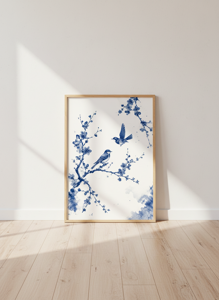 Blue Chinoiserie Bird Wall Art | Indigo Blossom Decor | Vintage Style Poster