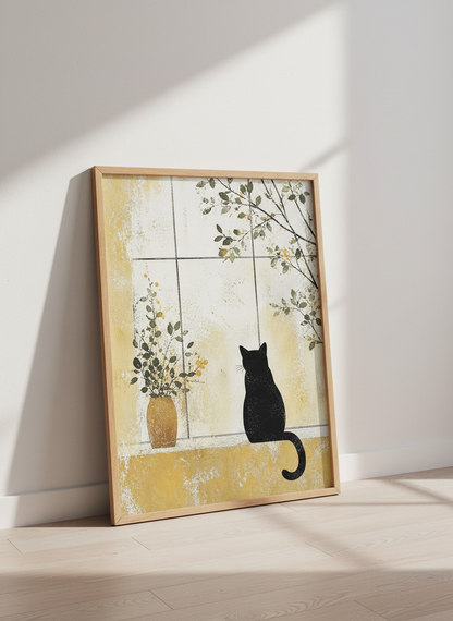 Black Cat at Window Wall Art | Ochre &amp; Sage Japandi Decor | Minimalist Poster