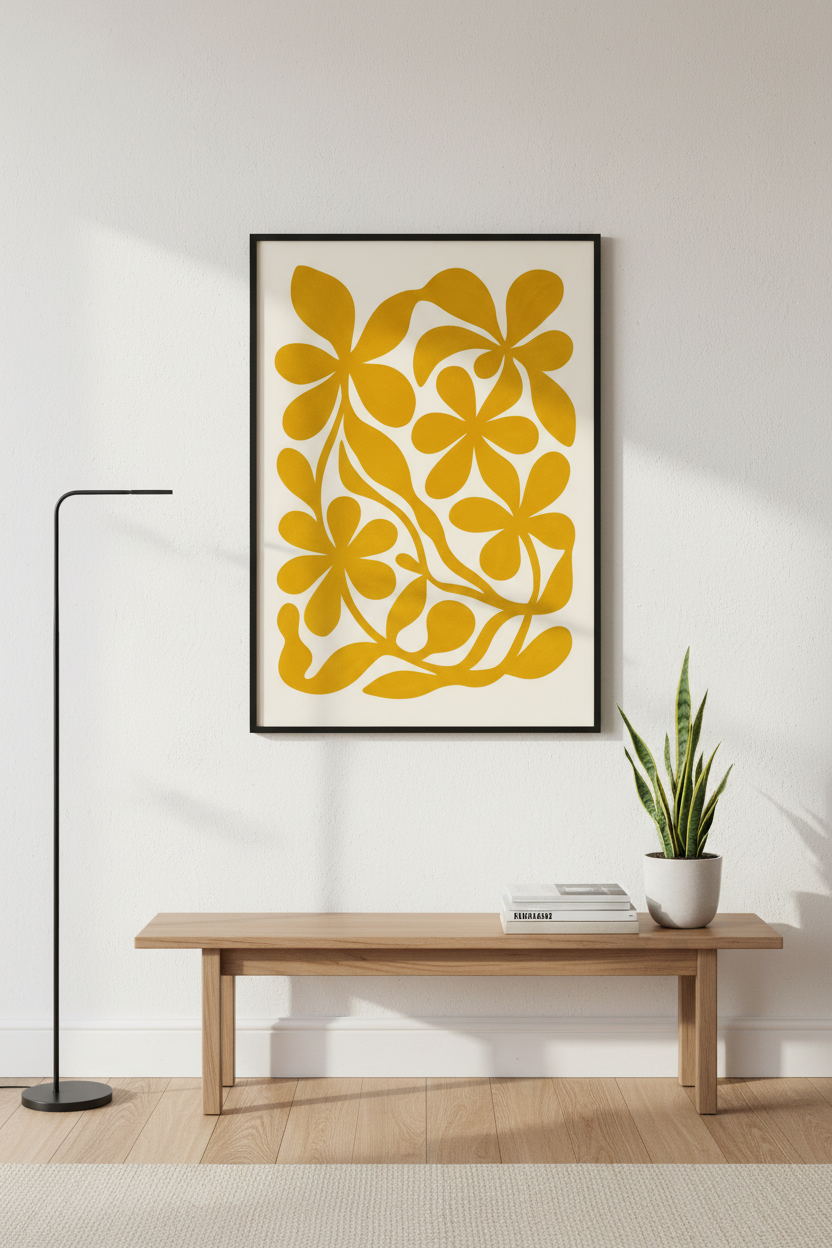 Abstract Floral Wall Art Print | Boho Bedroom Decor | Mid Century Modern Framed Poster | Botanical Gold Flower Art