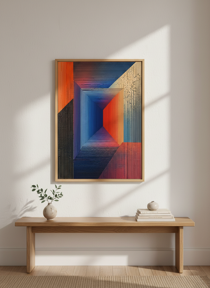 Abstract Geometric Optical Illusion Art | Navy &amp; Orange Modern Decor, Living Room Poster