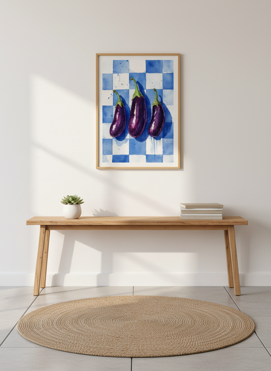 Eggplant Watercolor Print | Purple Kitchen Wall Art, Blue Checkered Poster