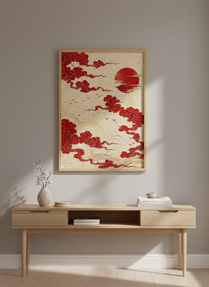 Japanese Red Sun Cloud Wall Art | Zen Living Room Decor | Red &amp; Gold Aesthetic Poster
