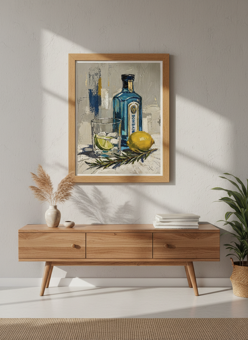 Gin Bottle Oil Painting | Blue Bar Cart Decor, Modern Kitchen Art Print