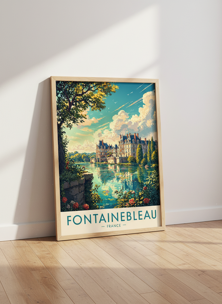 Fontainebleau France Travel Poster | Vintage Painterly Style, Scenic Lake Wall Art