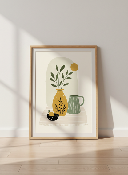 Boho Botanical Still Life Wall Art | Sage &amp; Mustard Neutral Decor | Japandi Poster