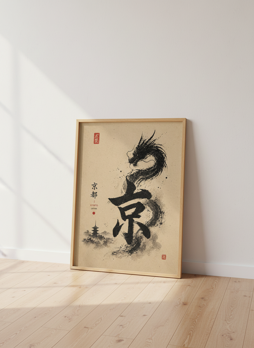 Japanese Dragon | Kyoto Kanji Sumi-e Ink Art, Zen Asian Wall Decor Poster