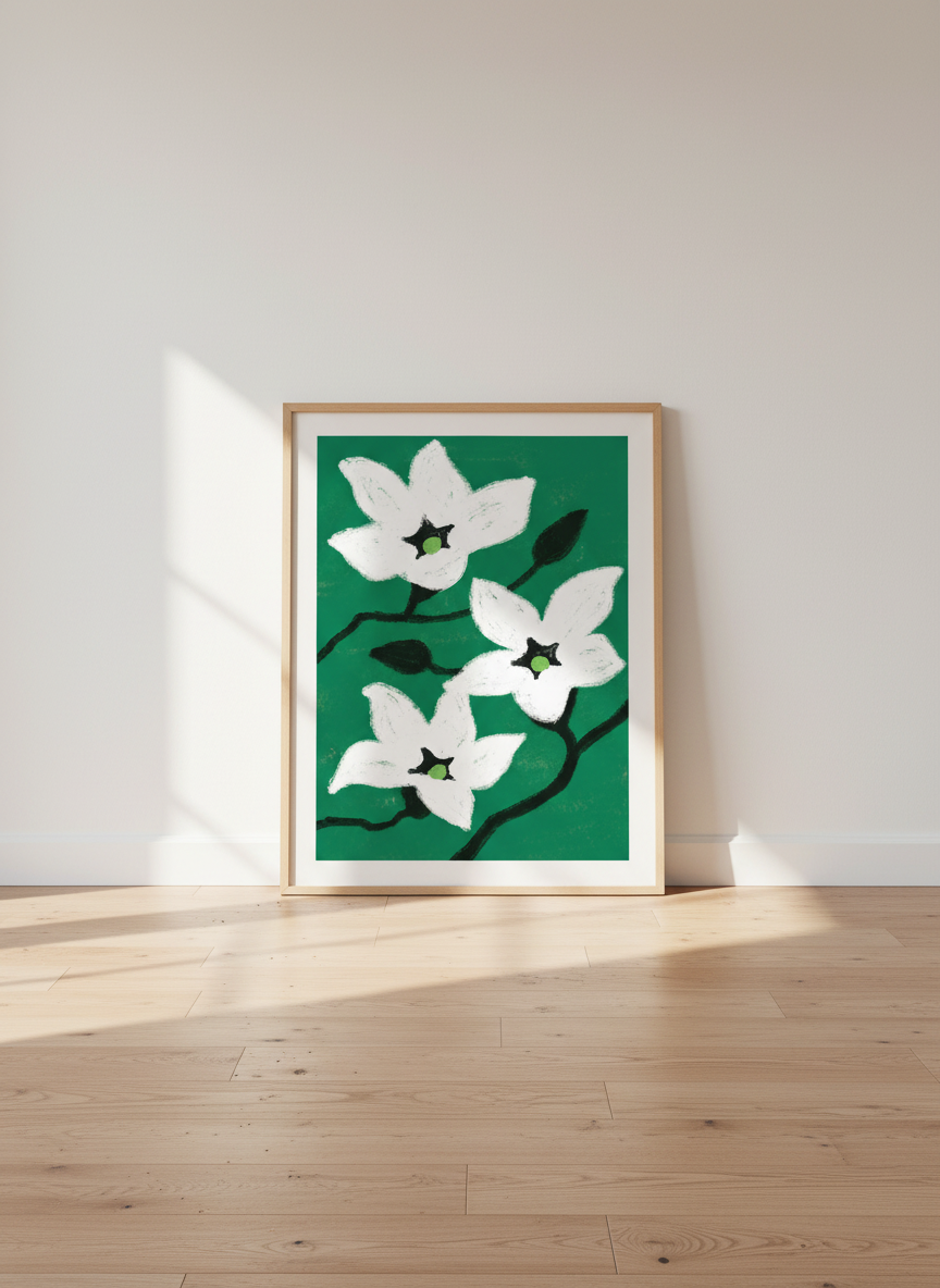 White Floral Bloom Wall Art | Emerald Green Botanical Poster | Modern Boho Decor