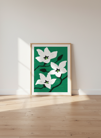 White Floral Bloom Wall Art | Emerald Green Botanical Poster | Modern Boho Decor