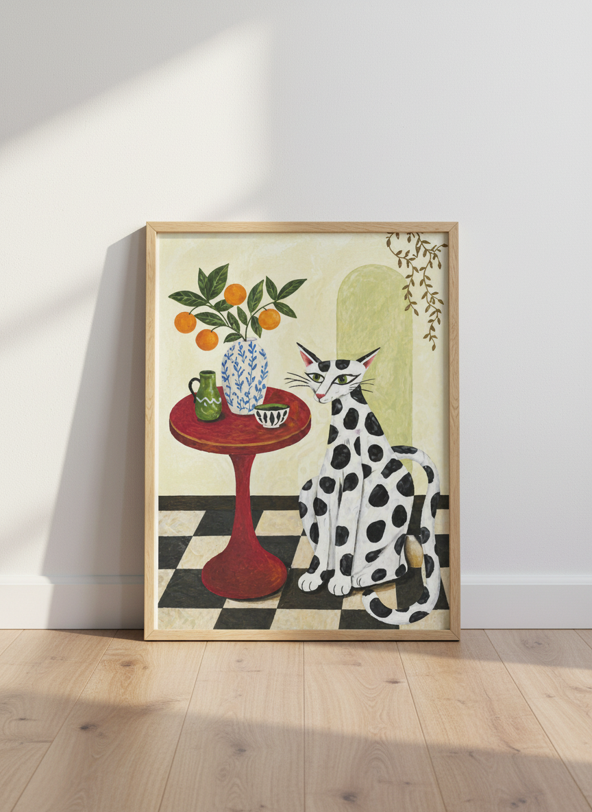 Cat Art Print | Whimsical Polka Dot Feline, Maximalist Home Decor, Quirky Pet Gift