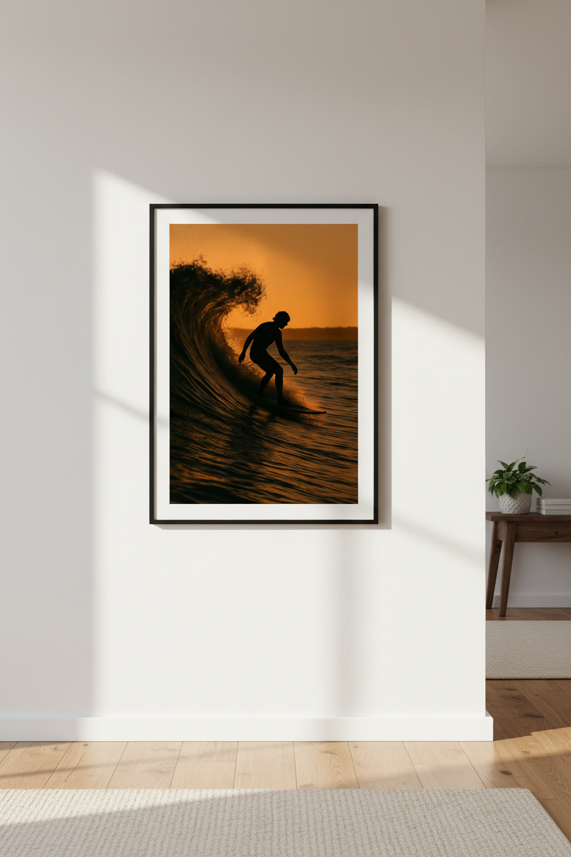 Surfer Sunset Wall Art Print | Golden Hour Ocean Wave Poster