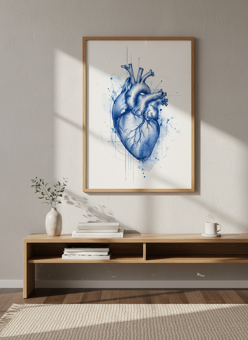 Anatomical Heart Wall Art | Blue Watercolor Ink Sketch, Medical Office Decor