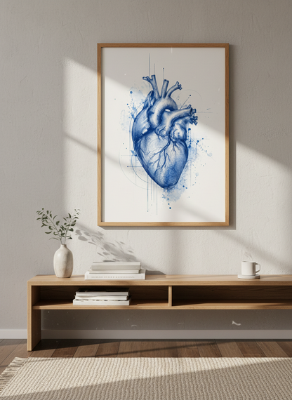Anatomical Heart Wall Art | Blue Watercolor Ink Sketch, Medical Office Decor