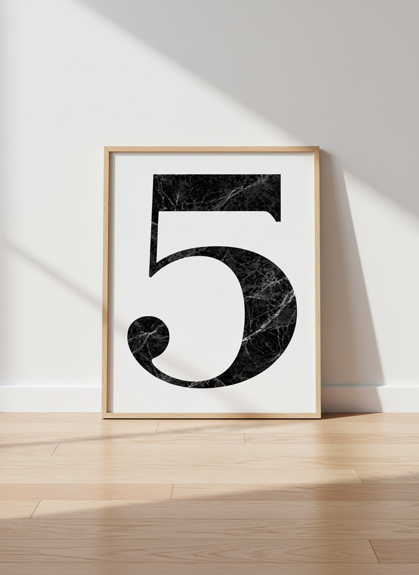 Modern Abstract Number Five Wall Art Print | Minimalist Living Room Decor | Marble Texture Poster | Black White