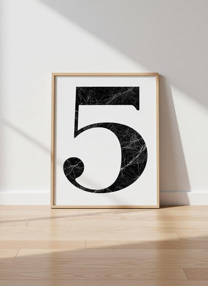 Modern Abstract Number Five Wall Art Print | Minimalist Living Room Decor | Marble Texture Poster | Black White