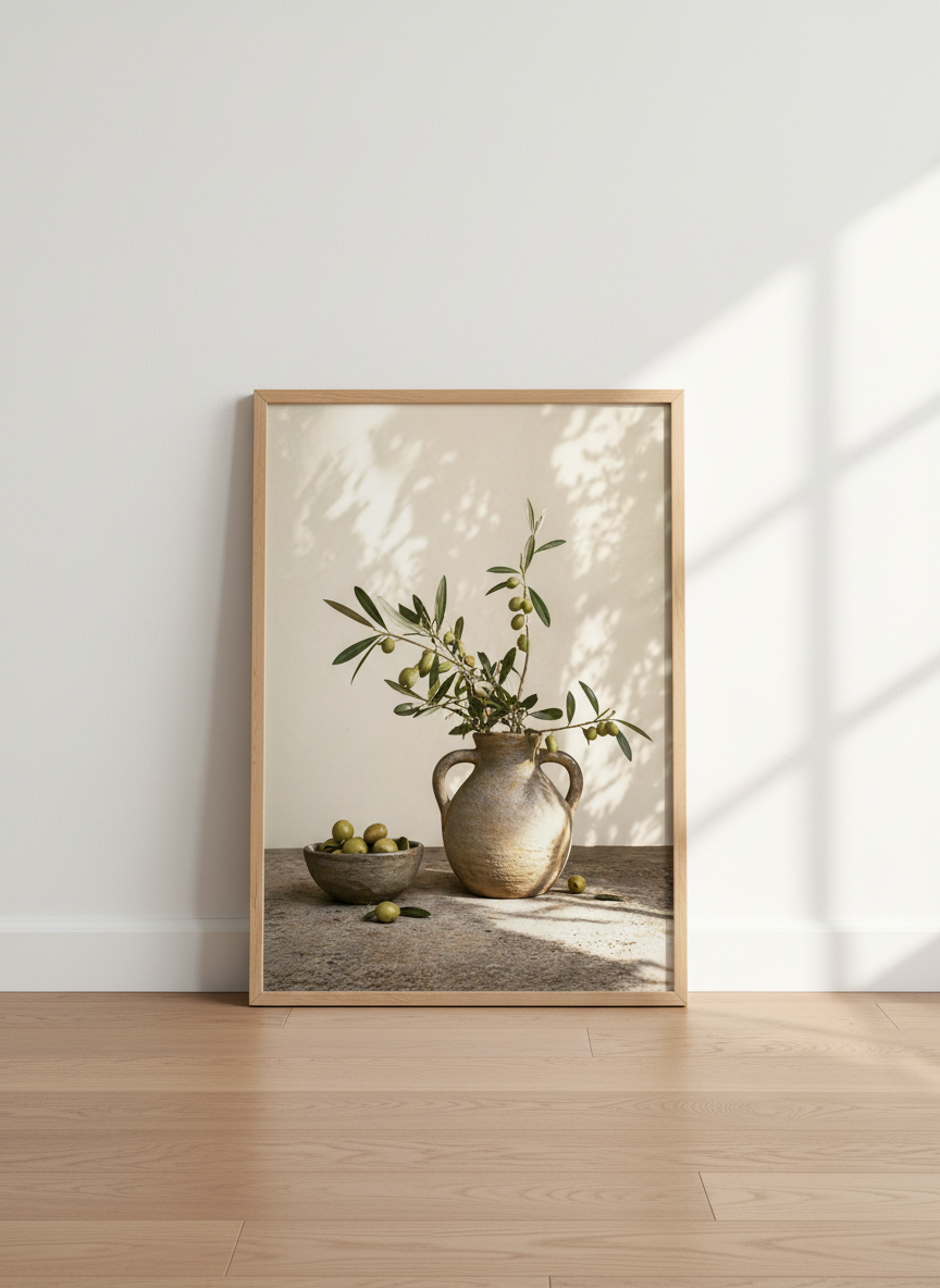 Mediterranean Olive Branch Still Life Wall Art | Kitchen Decor | Rustic Cottagecore Poster Print | Green Boho Farmhouse Digital Download