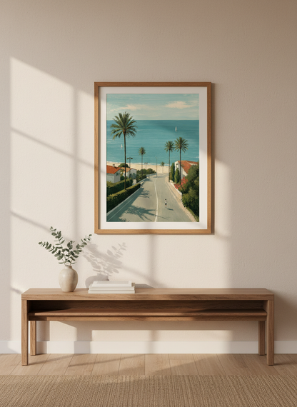 Mediterranean Coastal Road Art Print | Beach House Wall Decor | Palm Tree Poster