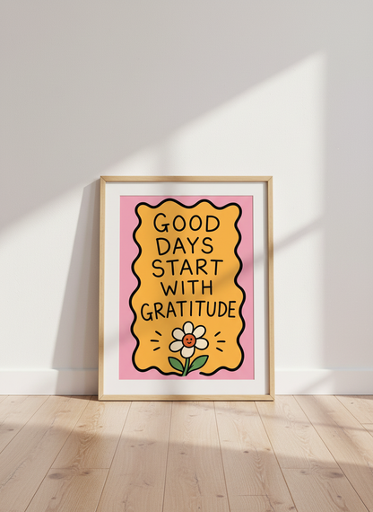 Good Days Gratitude Daisy Art Print | Positive Affirmation Decor, Pink Yellow Wall Art