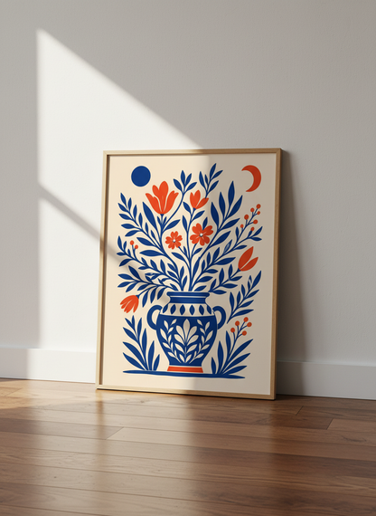 Abstract Floral Folk Art Print | Blue and Orange Botanical Wall Art, Modern Home Decor