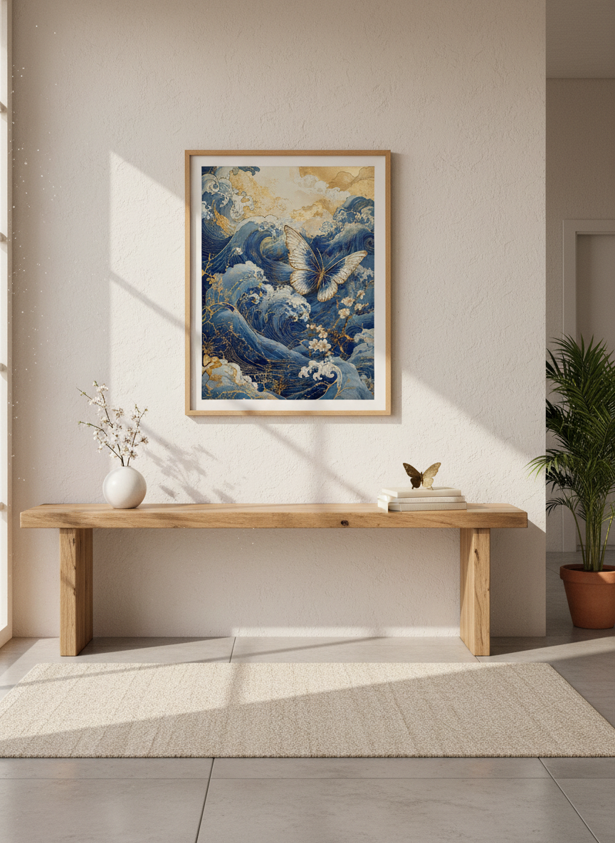 Great Wave Butterfly Wall Art Print | Blue &amp; Gold Japanese Decor | Zen Aesthetic Poster