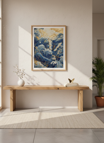 Great Wave Butterfly Wall Art Print | Blue &amp; Gold Japanese Decor | Zen Aesthetic Poster
