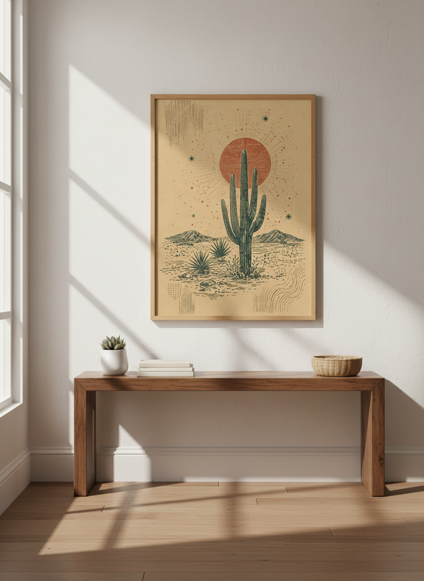 Boho Saguaro Cactus Wall Art Print | Desert Sun Landscape | Southwest Decor