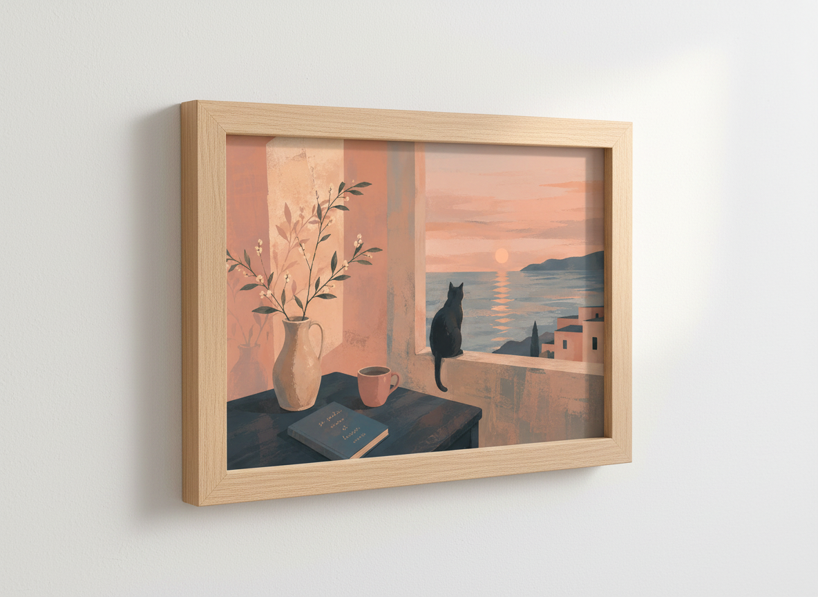 Minimalist Sunset Ocean Cat Wall Art Print | Cozy Living Room Decor | Aesthetic Balcony View Poster Black Cat Lover Gift